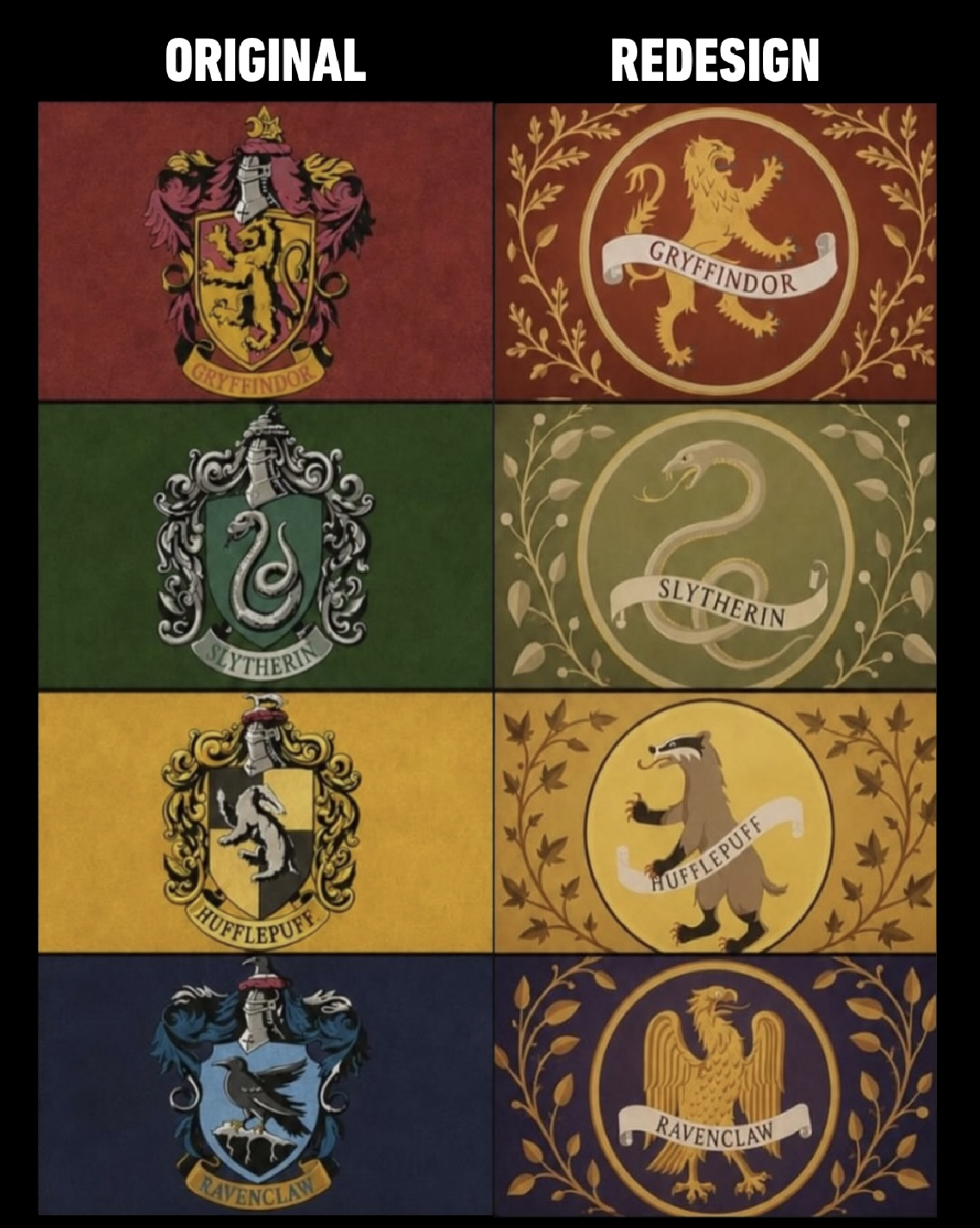 The original Hogwarts house crests beside the 2026 redesigns — heraldic shields and helmets replaced by flat circular emblems and thin laurel wreaths