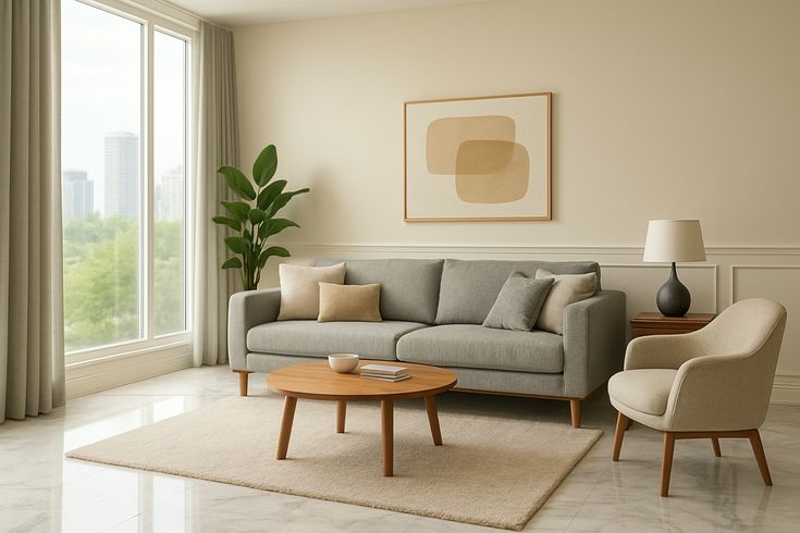 A beige minimalist living room — grey sofa, blank cream walls, one plant, one lamp, a single bowl on a wooden coffee table